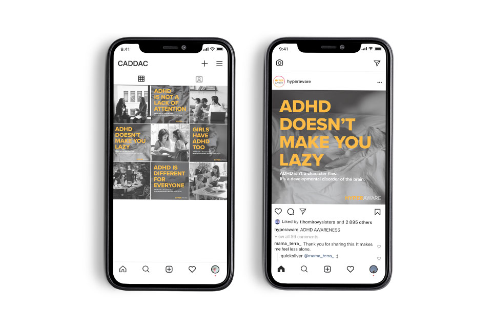 2 phones with instagram mockups for the adhd campaign