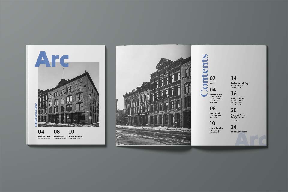 Magazine cover page and table of contents page featuring old buildings.