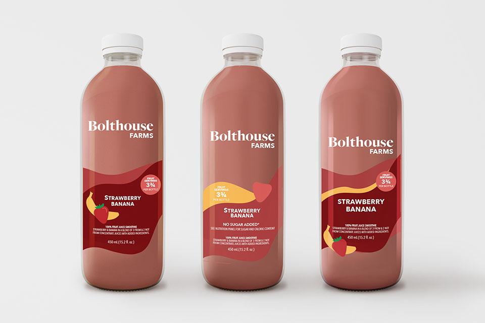 3 smoothie bottles with different smoothie designs