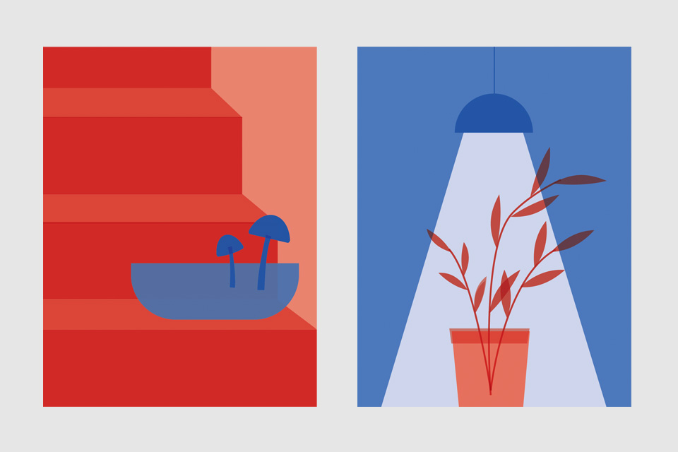 Blue mushroom illustration on top of red stairs and red plant illustration with hanging lamp.
