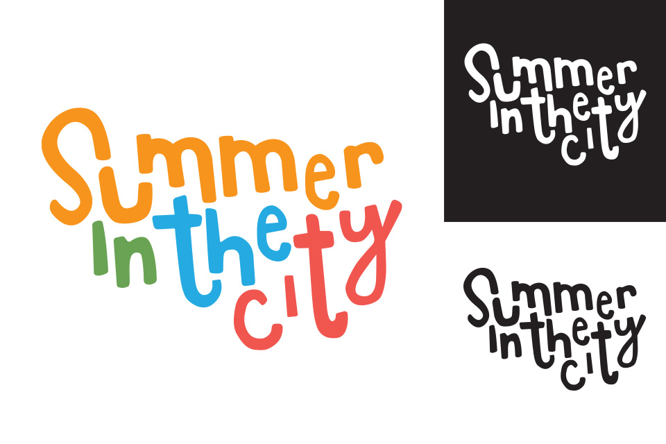 Large colour text logo and 2 smaller black and white and knock out logos beside.